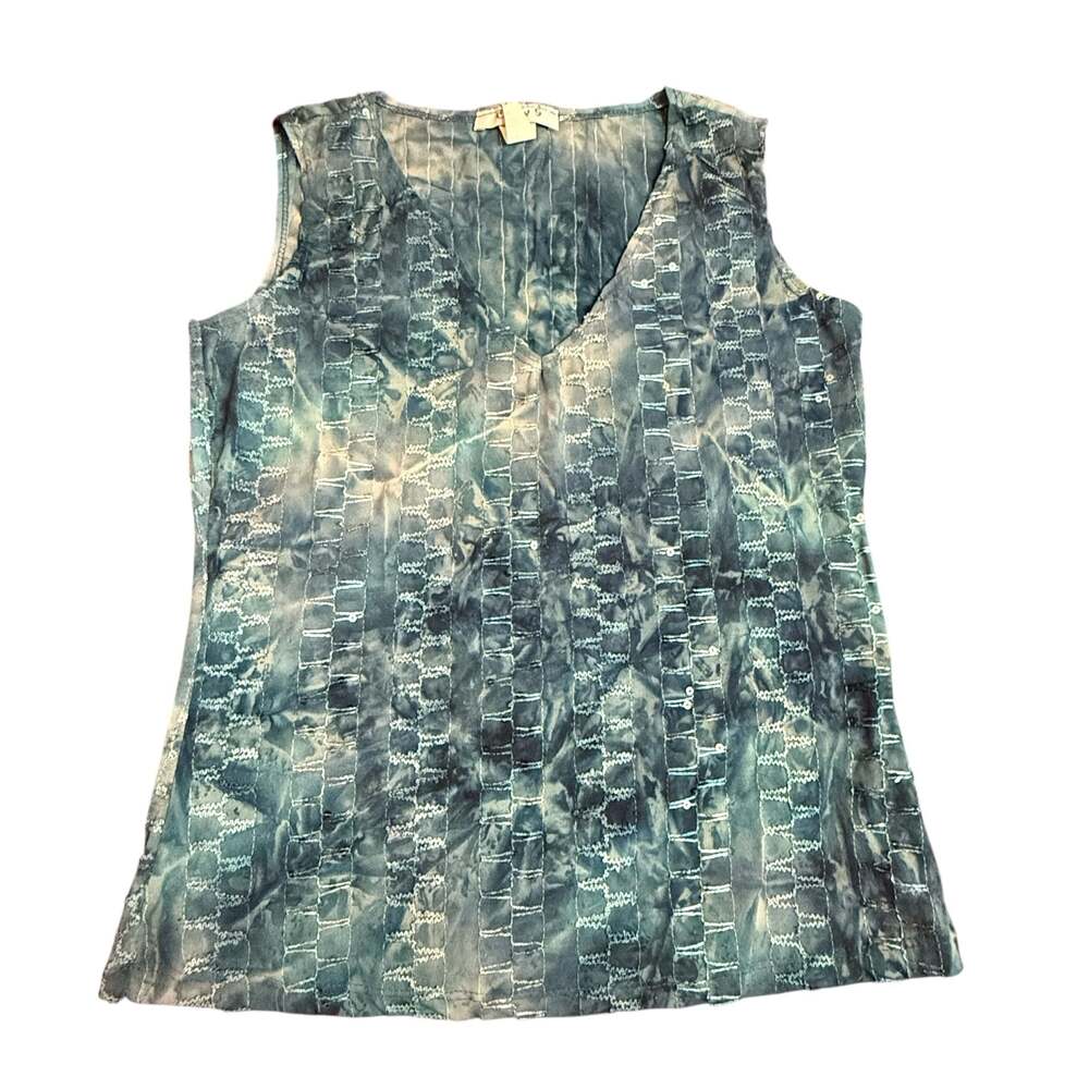 Only 9 Women's Blue Tie Dye Sleeveless Tank Top with Embroidered Stripe Detail